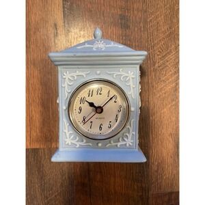 Vintage Ceramic Blue Ornate White Cherub Angel Botanical Desk Cloc